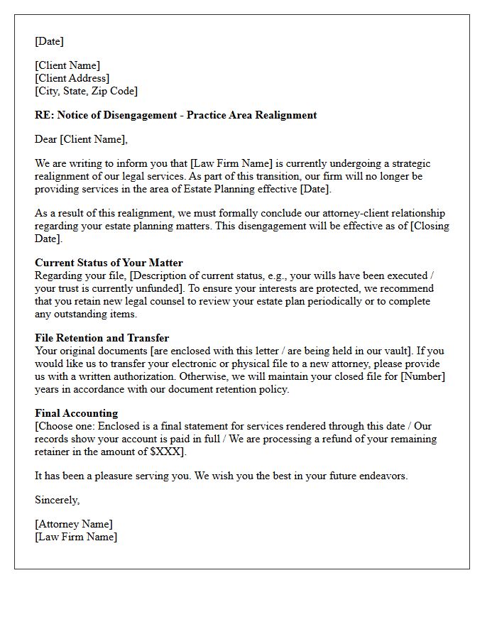 Estate Planning Practice Area Realignment Disengagement Letter