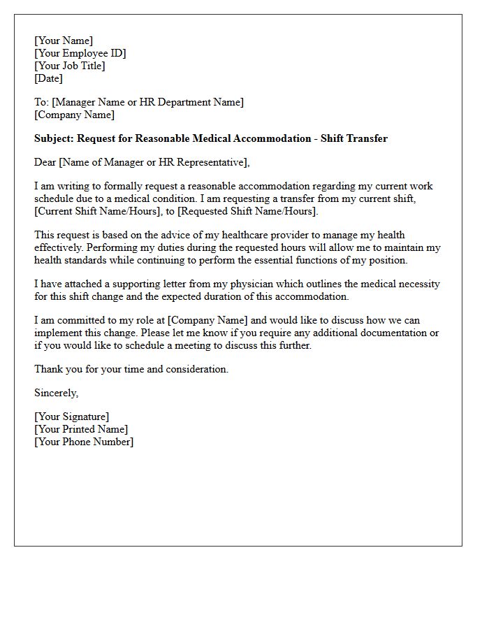 Medical Accommodation Shift Change Transfer Letter