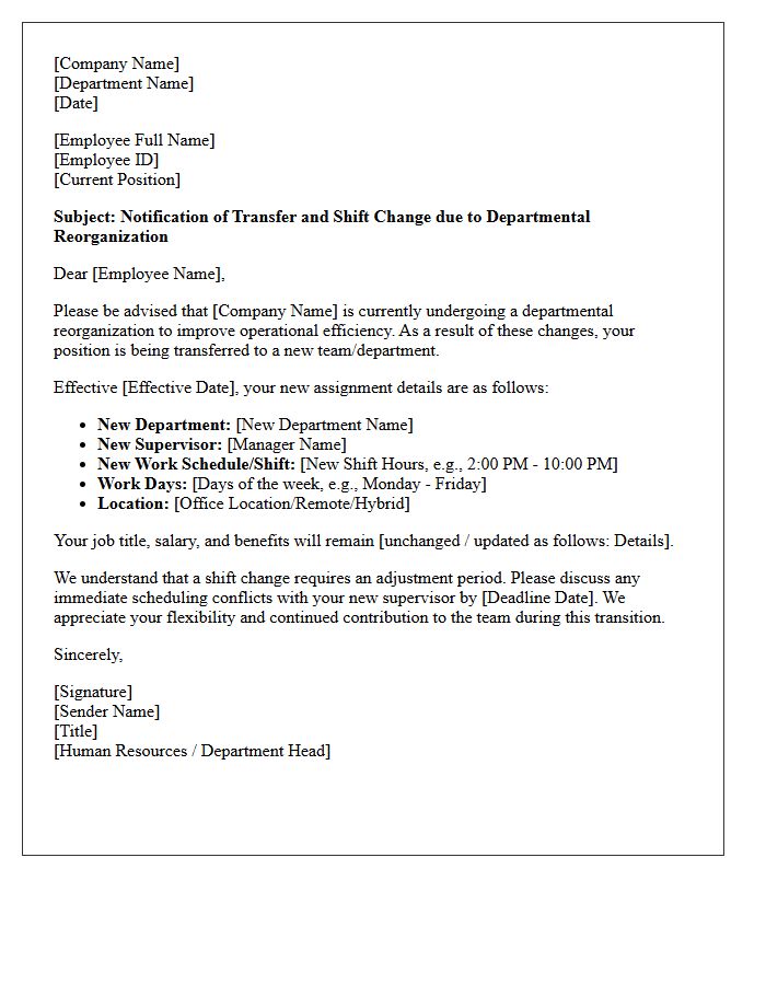 Departmental Reorganization Shift Change Transfer Letter