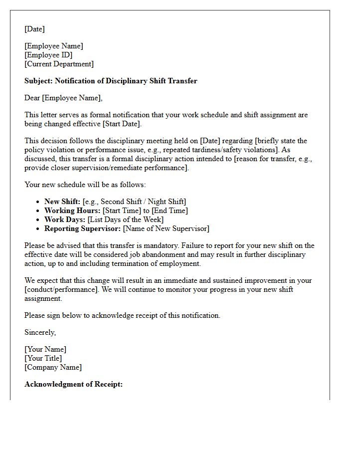 Disciplinary Shift Change Transfer Letter