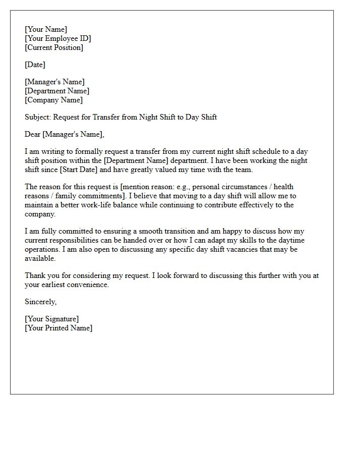 Night Shift to Day Shift Transfer Letter