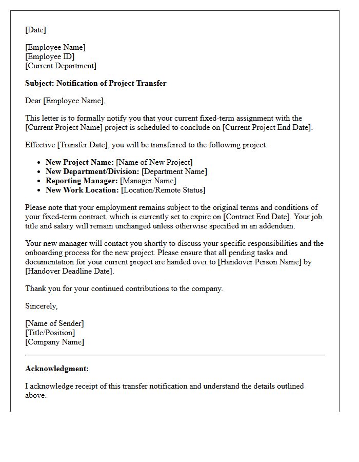 Fixed-Term Project Transfer Notification Letter