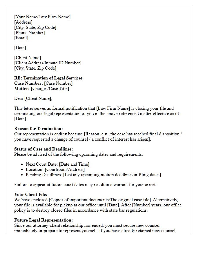Criminal Defense Services Termination Disengagement Letter