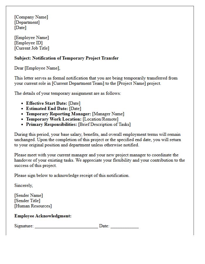 Human Resources Temporary Project Transfer Letter