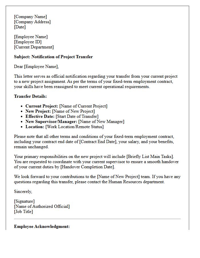 Fixed-Term Employee Project Transfer Letter