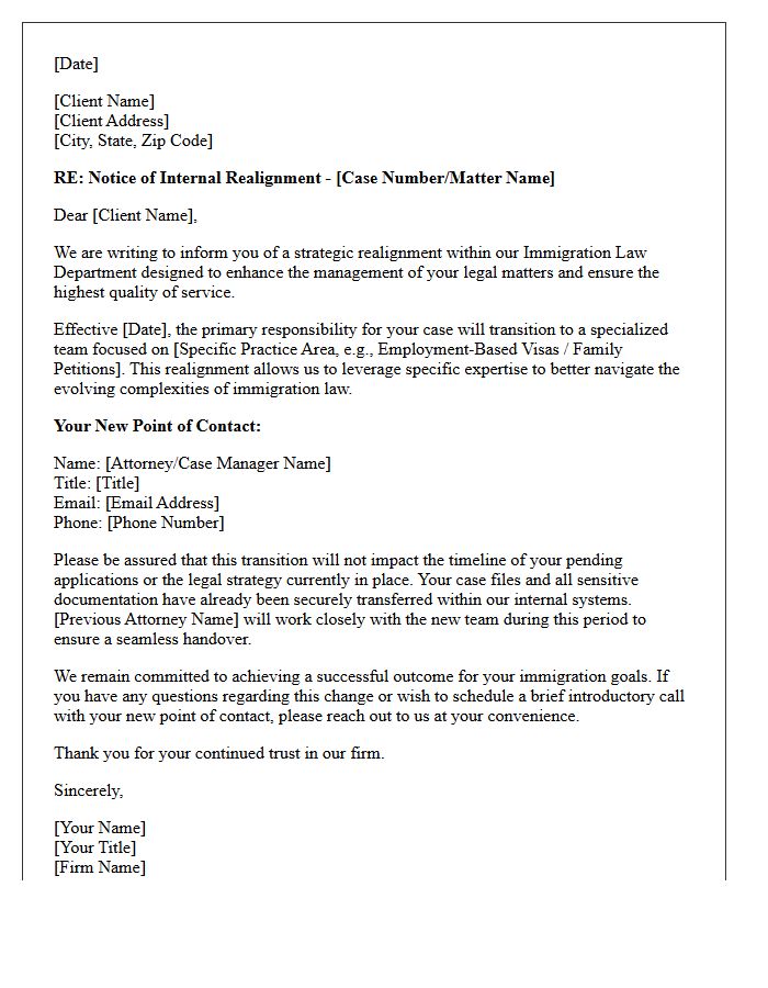 Immigration Law Department Realignment Transition Letter