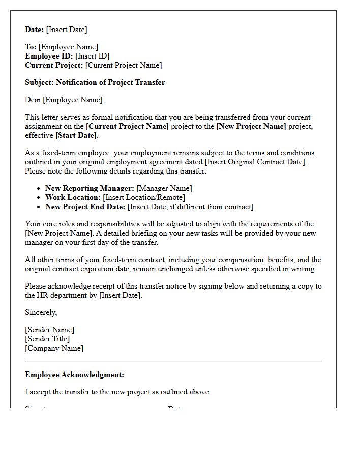 Project Transfer Letter for Fixed-Term Employees