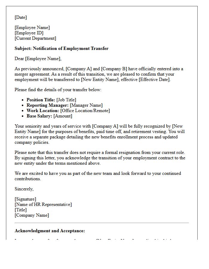 Merger and Acquisition Employee Transfer Letter