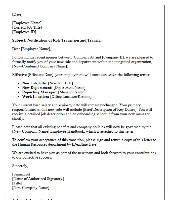 Post-Merger Role Transition and Transfer Letter