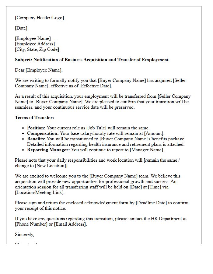 Business Acquisition Staff Transfer Letter