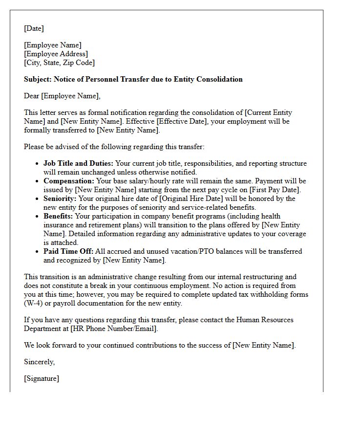 Entity Consolidation Personnel Transfer Letter