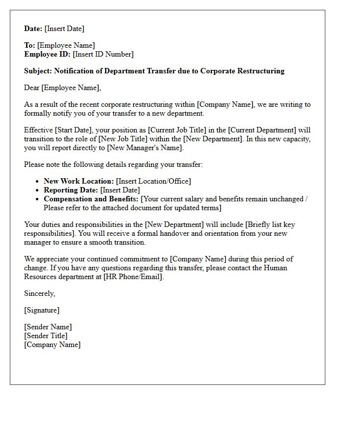 Corporate Restructuring Department Transfer Letter