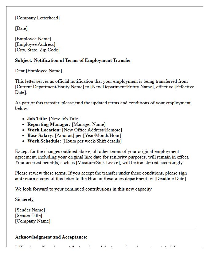 Terms of Employment Transfer Letter