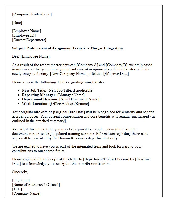 Merger Integration Assignment Transfer Letter