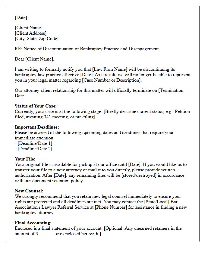 Bankruptcy Practice Discontinuation Disengagement Letter