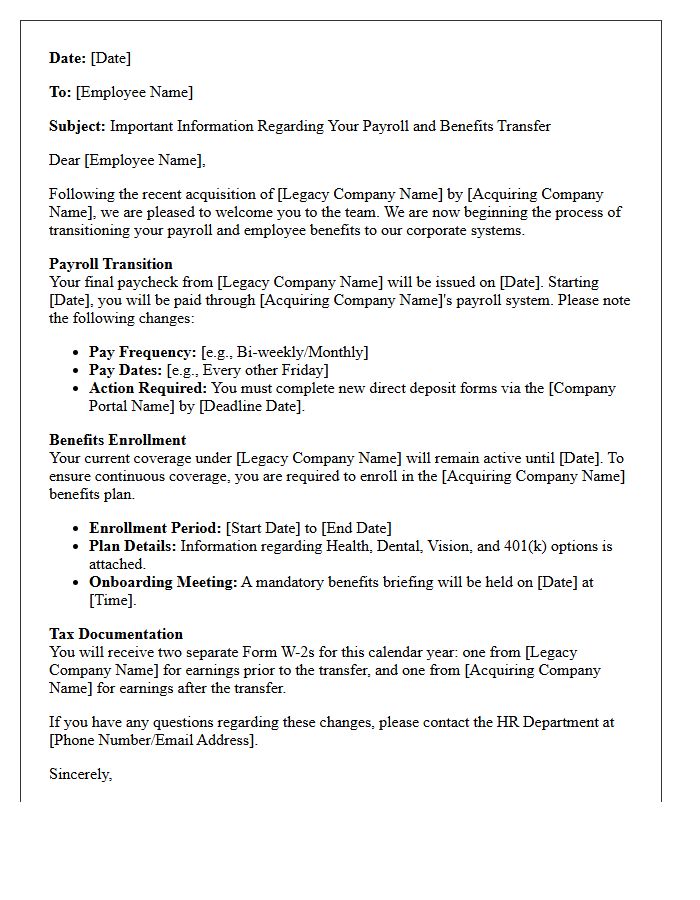 Post-Acquisition Payroll and Benefits Transfer Letter