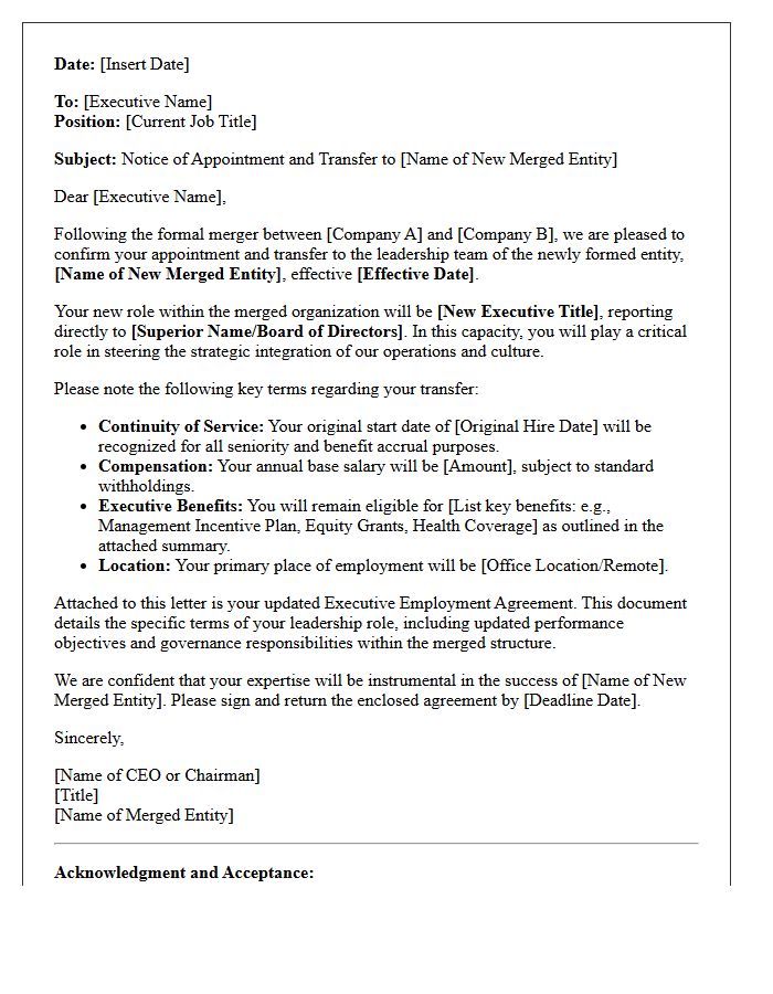 Executive Leadership Merged Entity Transfer Letter