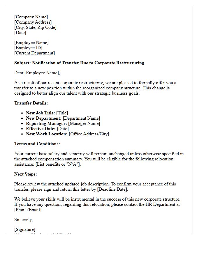 New Corporate Structure Relocation Transfer Letter