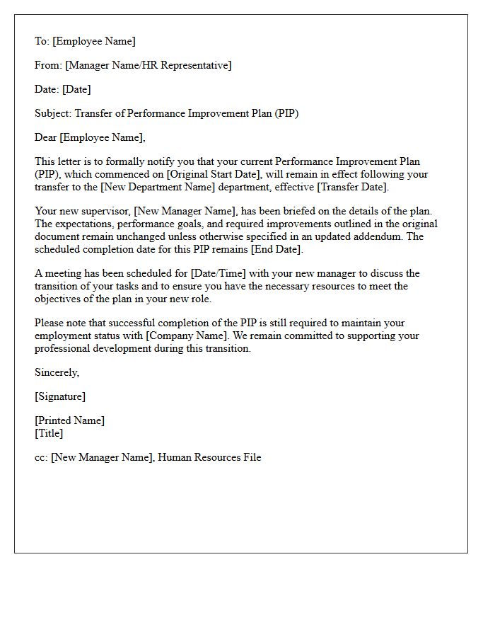 Performance Improvement Plan Transfer Letter