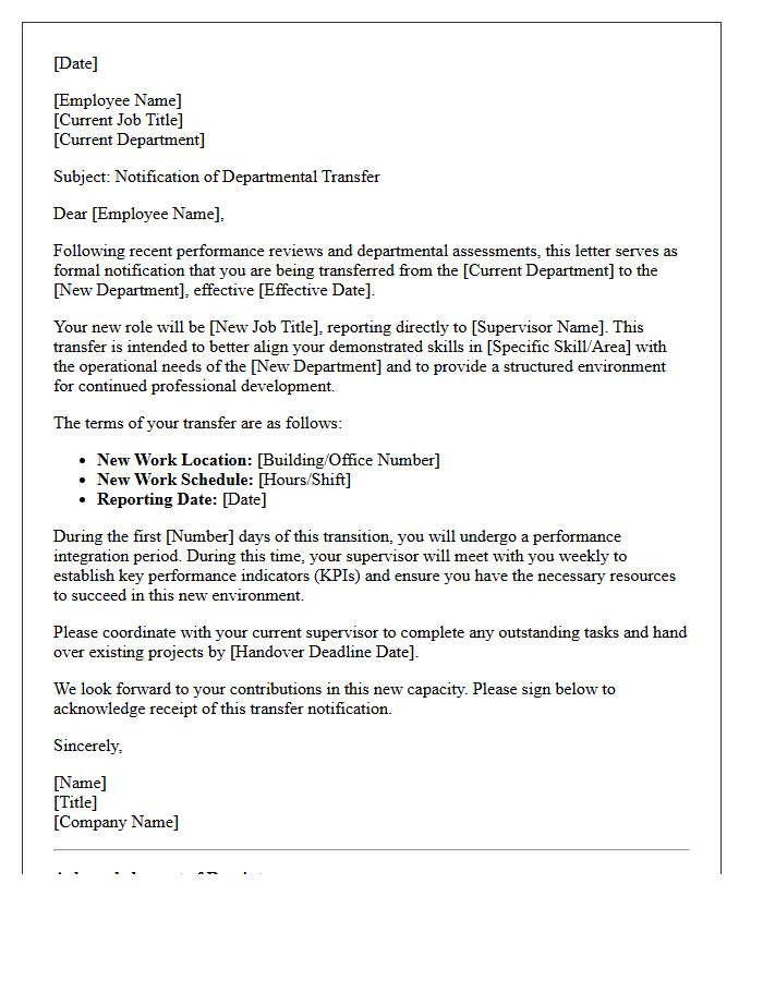 Departmental Relocation Performance Transfer Letter