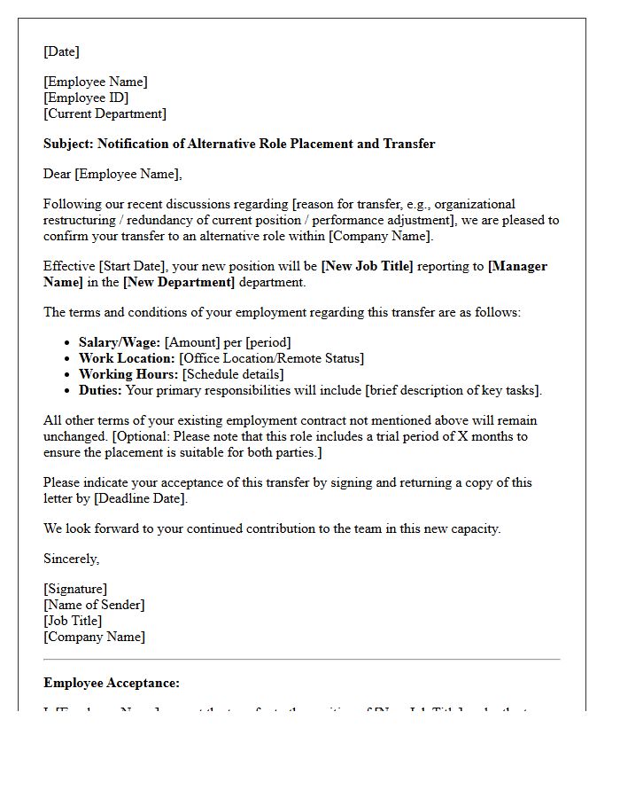 Alternative Role Placement Transfer Letter