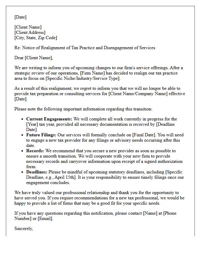 Tax Practice Area Realignment Disengagement Letter