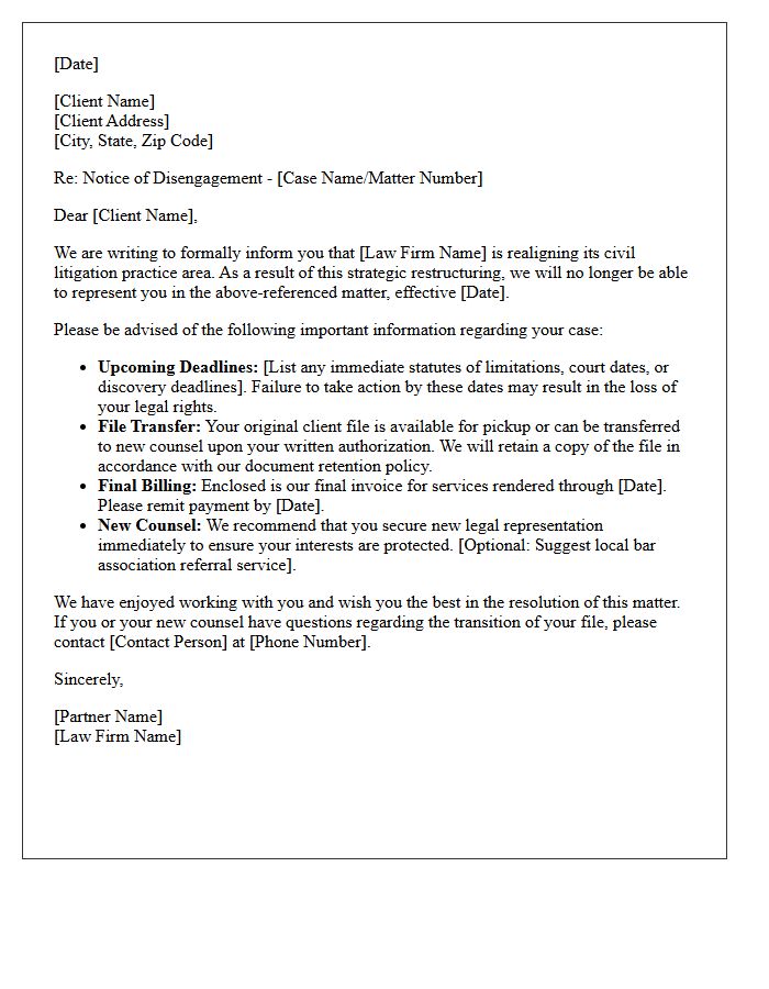 Civil Litigation Practice Realignment Disengagement Letter
