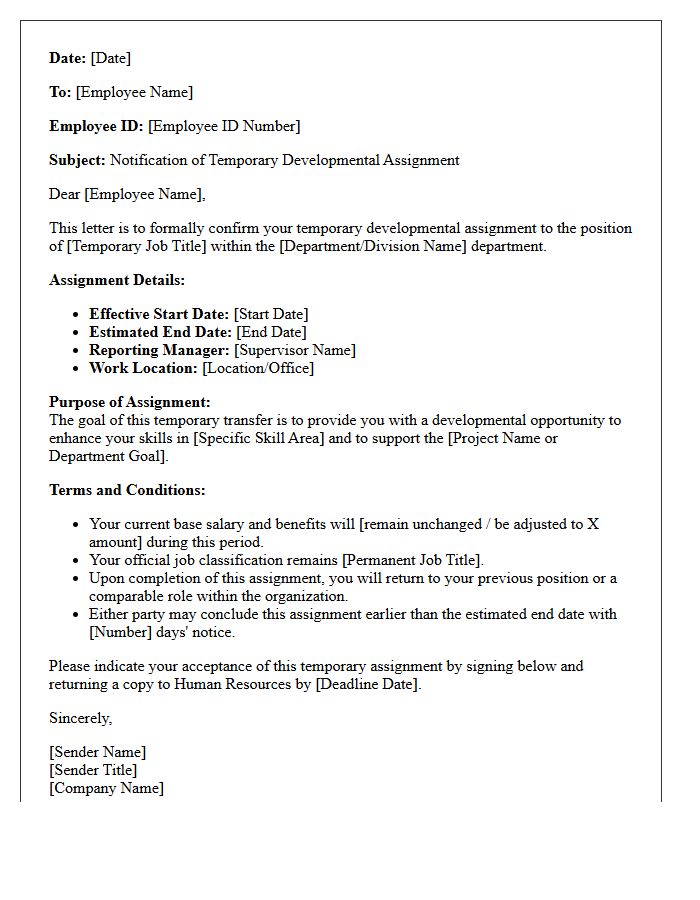 Temporary Developmental Assignment Transfer Letter