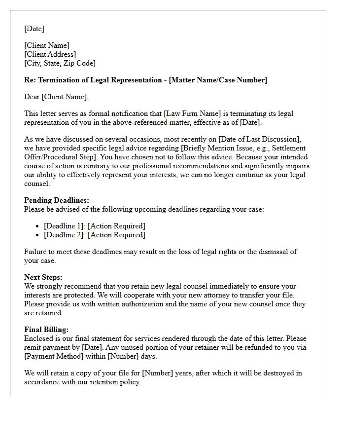 Disengagement Letter for Failure to Follow Legal Advice