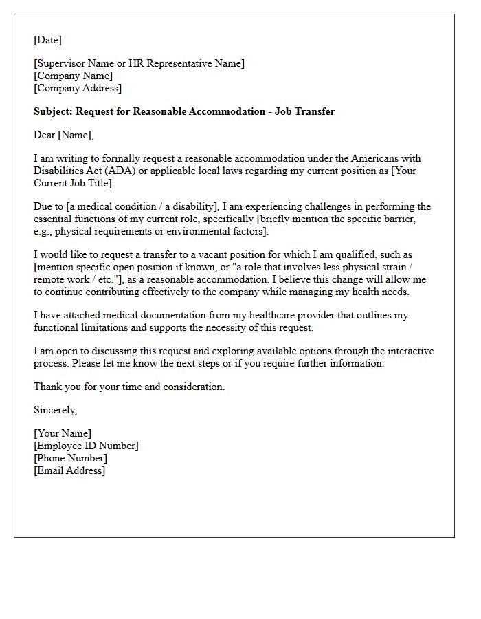 Employee Request Letter for Reasonable Accommodation Transfer