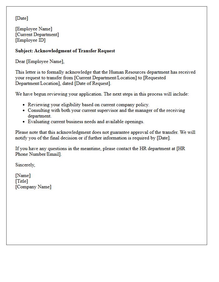 Human Resources Acknowledgment Letter for Transfer Request