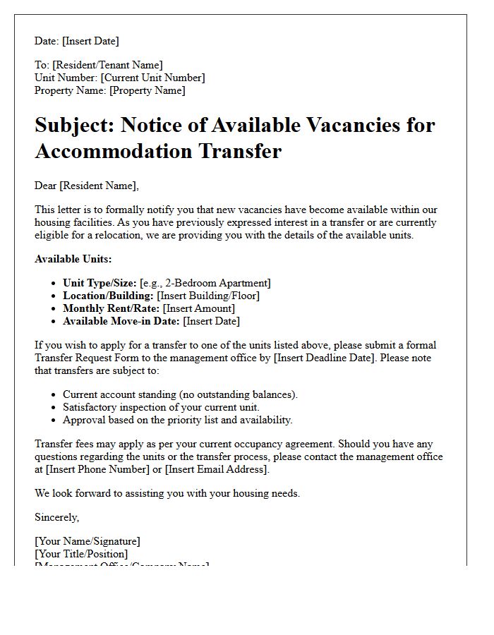 Notice Letter of Available Vacancies for Accommodation Transfer