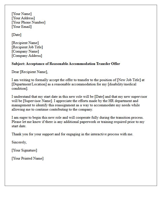 Acceptance Letter for Reasonable Accommodation Transfer Offer