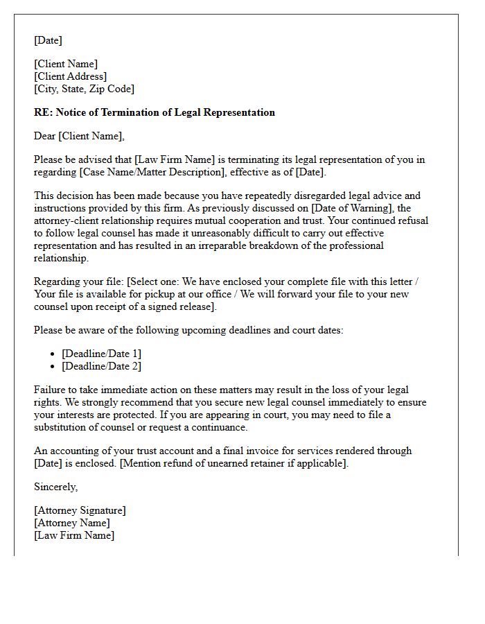 Termination of Representation Letter Due to Ignored Legal Counsel