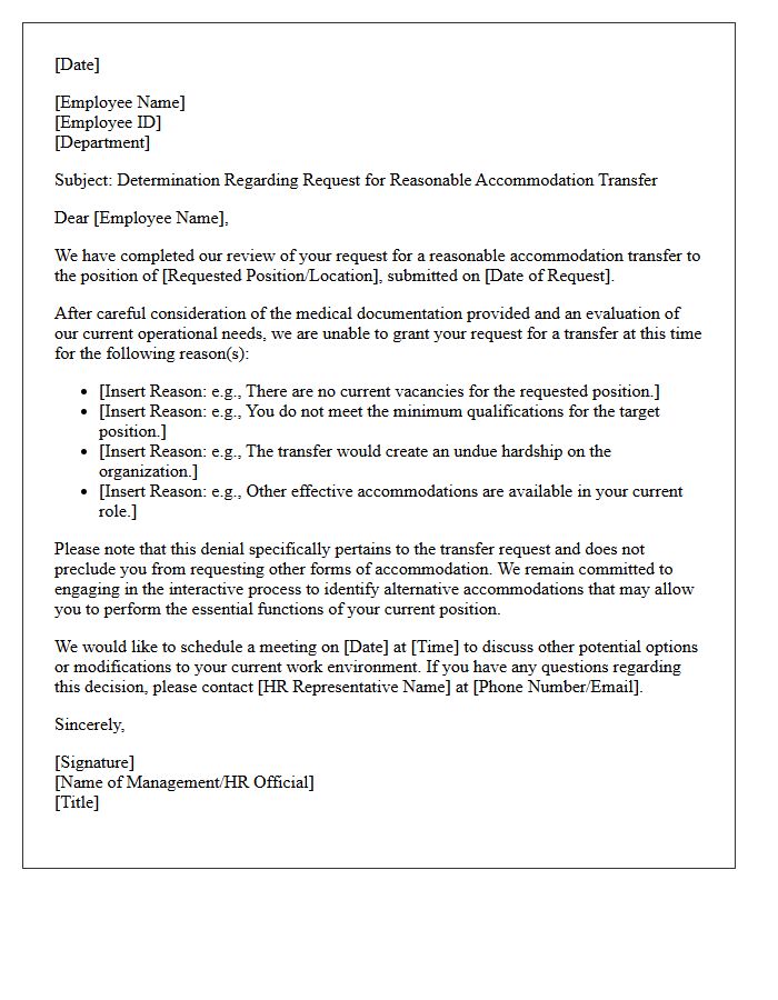 Denial Letter for Reasonable Accommodation Transfer Request