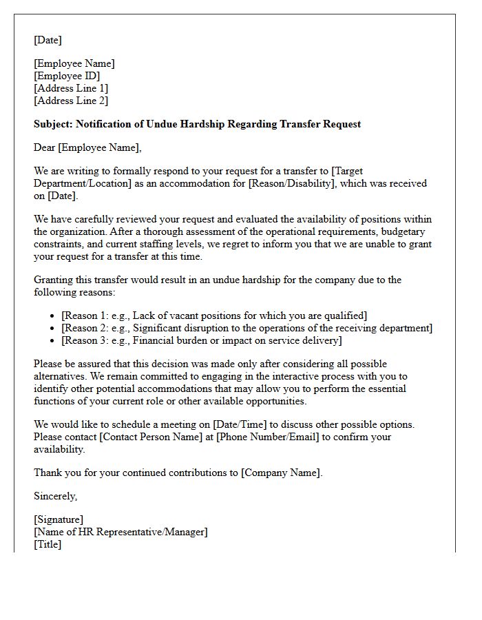 Undue Hardship Notification Letter for Transfer Accommodation