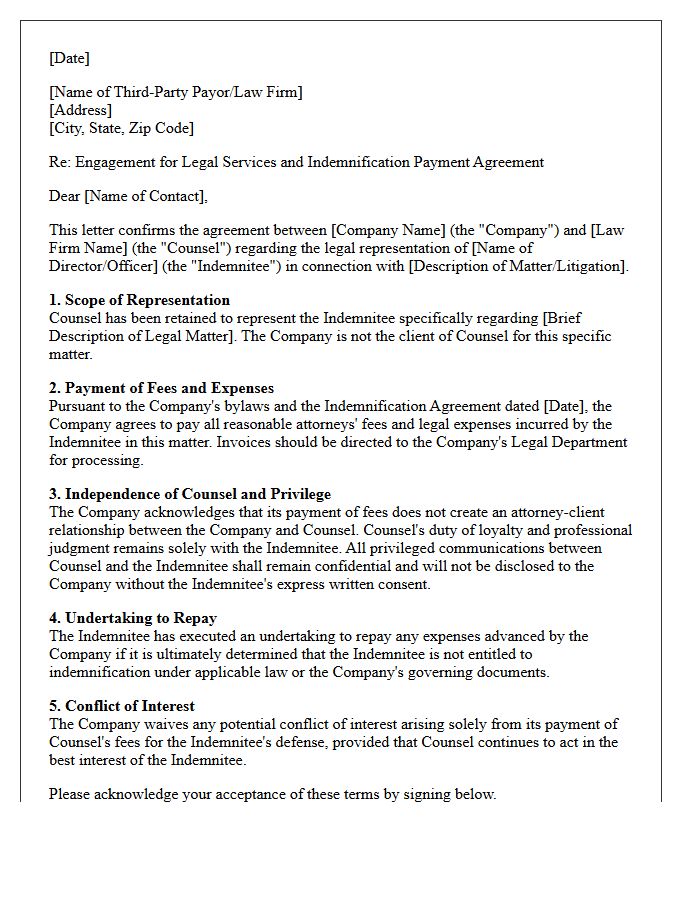 Director and Officer Indemnification Third-Party Payor Engagement Letter