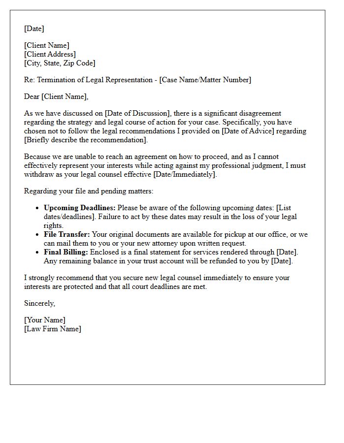 Client Disengagement Letter Regarding Refusal to Follow Legal Recommendations