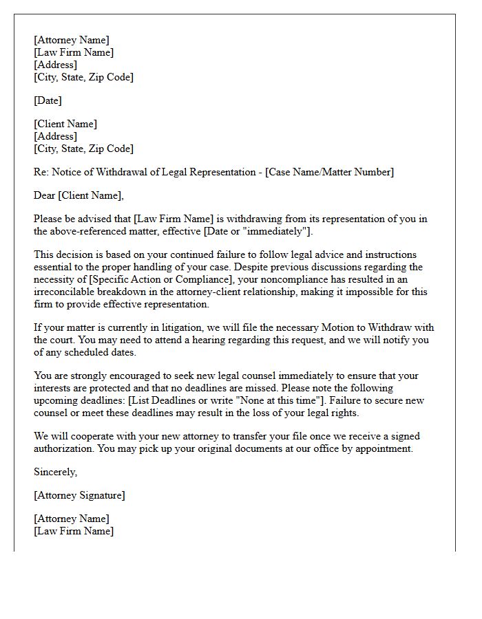Withdrawal of Counsel Letter for Noncompliance With Legal Advice