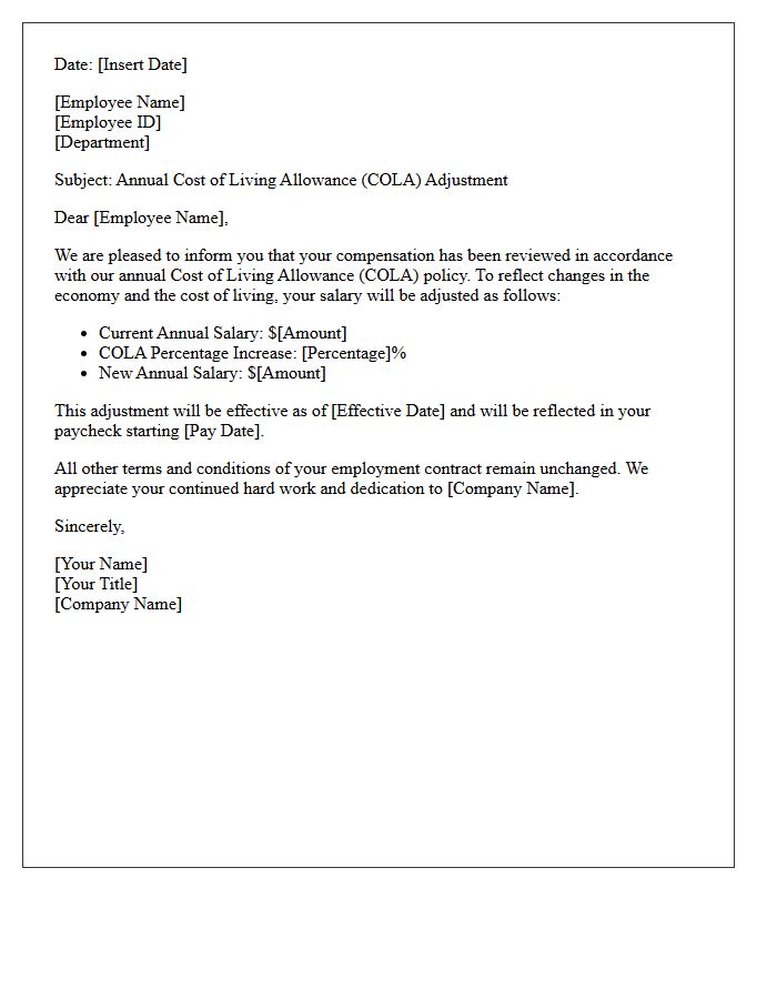 Annual Cost of Living Allowance Adjustment Letter