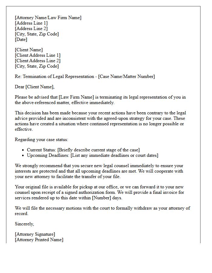 Legal Representation Termination Letter Due to Contrary Client Actions