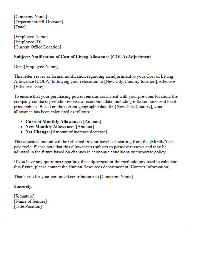 Geographic Relocation Cost of Living Allowance Adjustment Letter