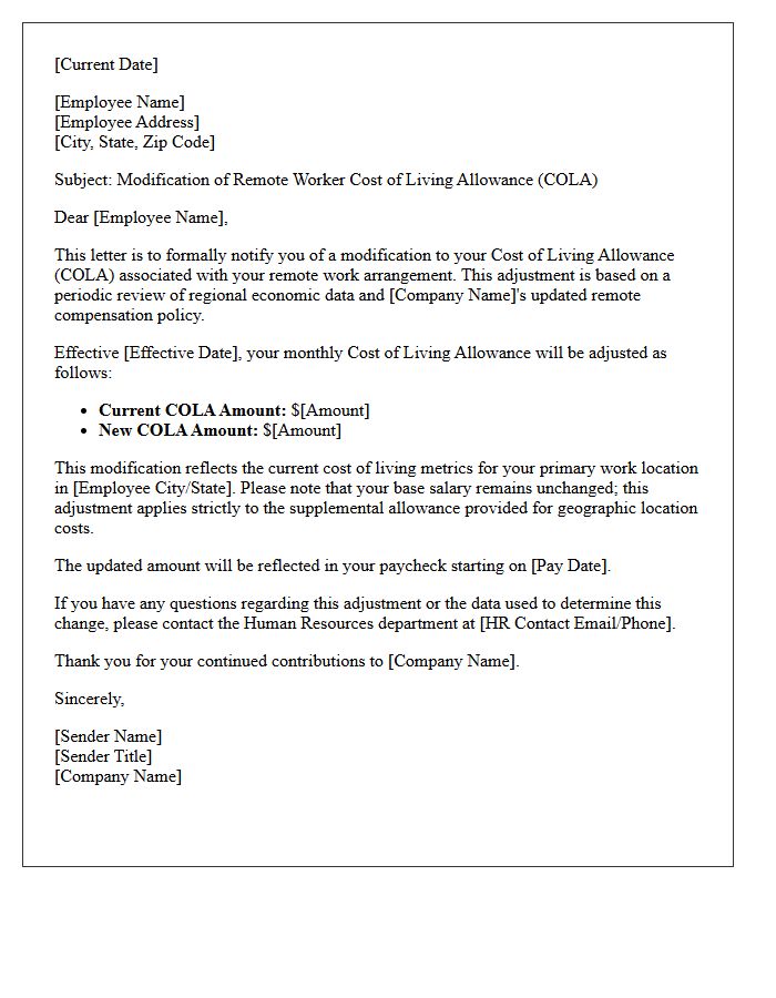 Remote Worker Cost of Living Allowance Modification Letter