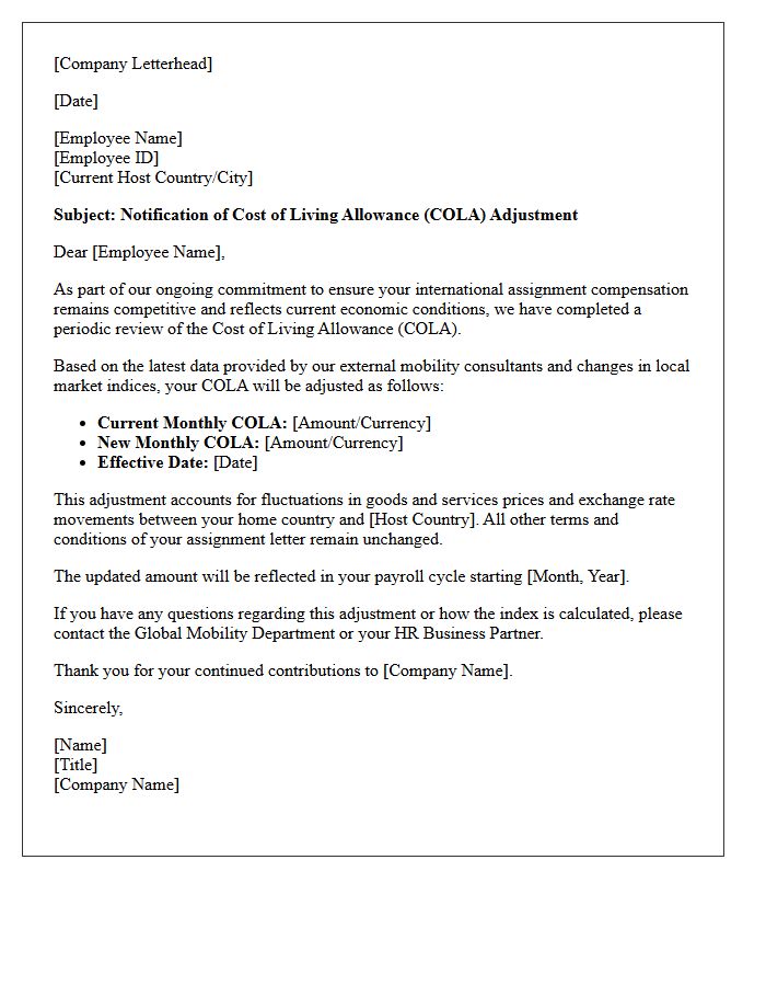 Expatriate Assignment Cost of Living Allowance Update Letter