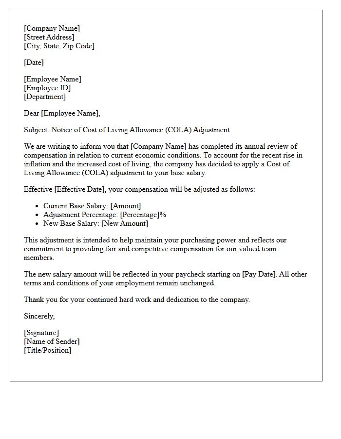 Inflation-Based Cost of Living Allowance Adjustment Letter