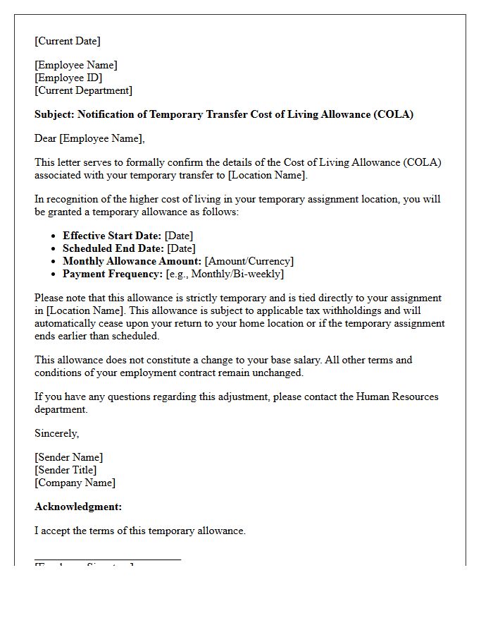 Temporary Transfer Cost of Living Allowance Letter