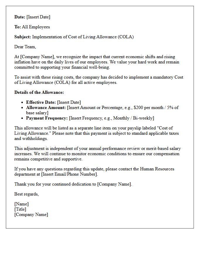 Company-Wide Cost of Living Allowance Implementation Letter