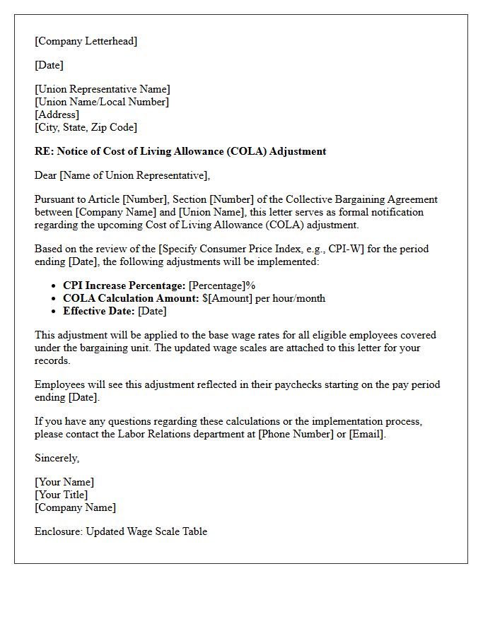 Collective Bargaining Cost of Living Allowance Adjustment Letter