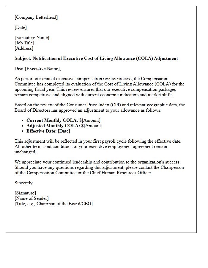Executive Tier Cost of Living Allowance Review Letter