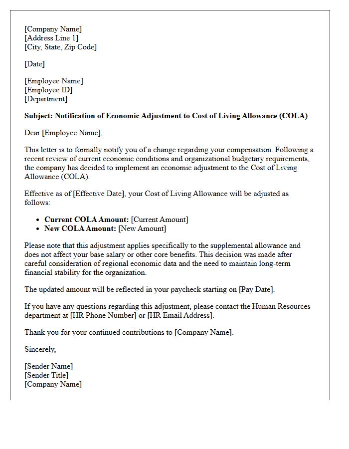 Economic Adjustment Cost of Living Allowance Reduction Letter